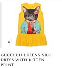 Gucci Girls Silk Dress Yellow With Cute Kitten Print Size 8 Rrp940