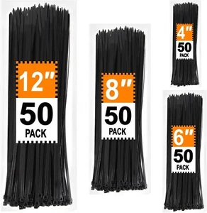 200pz Fascette Zip Filo Misure Assortite 4+6+8+12 Pollici Nero Resistente UV - Foto 1 di 12
