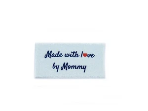 Made with love by Mommy labels tags - Sew In White Ribbon - 25x40mm Flat - Picture 1 of 1