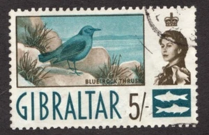 1960 Gibraltar Sc# 158 - Five Shillings, QEII, Blue Rock Thrush Bird, Used Cv$7 - Picture 1 of 1