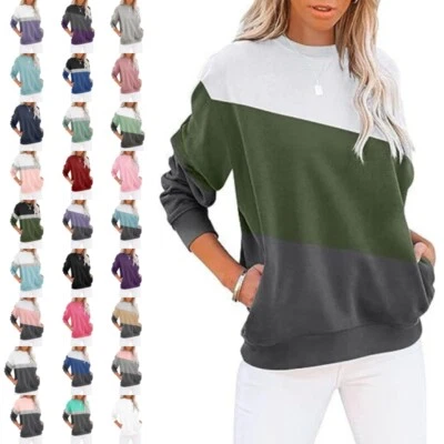 Womens Ladies Colorblock Sweatshirt Long Sleeve Tops Casual Warm Winter Pullover - Image 1 of 4