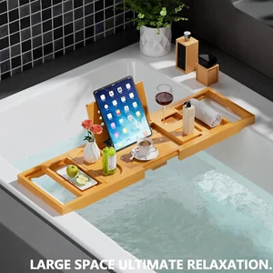 Wooden Extendable Bath Tub Caddy Tray Bathtub Storage Shelf Wine Tablet Holder - Picture 1 of 8