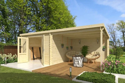 28 mm Gartenhaus mit Anbau Gerätehaus Blockhaus Holzhaus Holz Schleppdach NEU - Bild 1 von 3