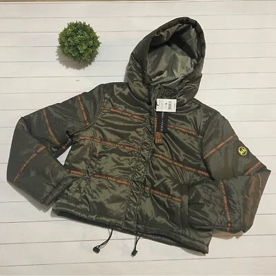 Abrigo Chaqueta Grande Kendall + Kylie Nuevo con Etiquetas Verde Oliva Naranja Logo Rayas Foto 1 de 4