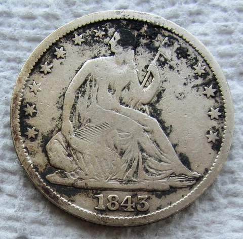 1843 Seated Liberty Silver Half Dollar Early Rare Date Fine Detail Corroded Cover