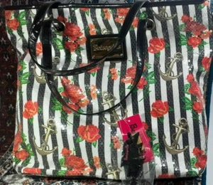 Betseyville Large Black & White Stripe Roses Anchor Pattern Sequin Tote - Picture 1 of 3