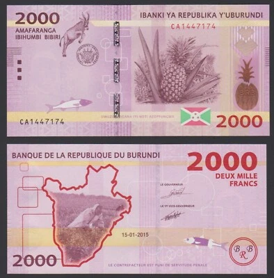 Burundi 2000 francs 2015 Antilope Fish Pineapple Fruits Ananas & Map P52a UNC - Image 1 of 4