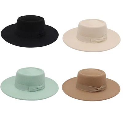 Women Ladies Elegant Bow Fedora Wide Brim Felt Panama Retro Church Derby Top Hat - Image 1 of 4