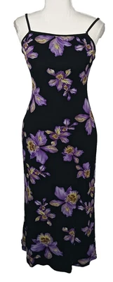 Vicky Vale Dress Size 8 Vintage Black Purple Floral Mesh 90s Slip Dress Midi - image 1 of 4
