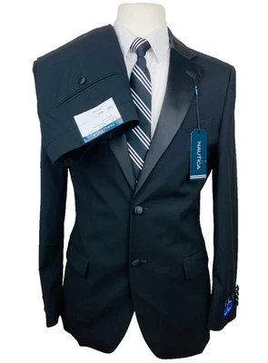 NUEVO TRAJE DE ESMOQUIN NAUTICA para hombre 48L negro liso 2 piezas con pantalones de vestir 43x33 Foto 1 de 4