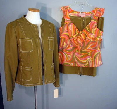 NUEVO BANDOLINO STRETCH 3 piezas Mujeres 14 Chaqueta Blazer Top 12 Falda Oliva Mod Cremallera Nuevo con Etiquetas Foto 1 de 4