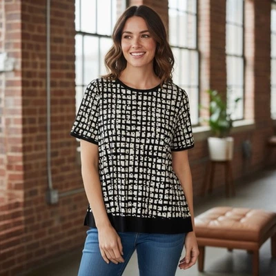 Anne Klein Mujer’s 1X Top Multi Abstracto Líquido Tejido Transparente Dobladillo Carrera Informal Foto 1 de 4