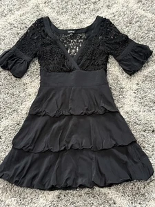 Abito Bebe pizzo a strati 100% seta con maniche a sbuffo taglia M nero - Foto 1 di 11