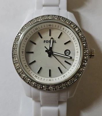 Working Fossil Ladies Watch White Acrylic Gem Bezel ES2437 With New Battery - Image 1 of 4