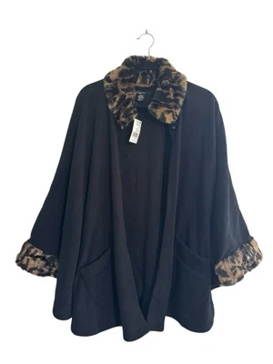 Nuevo con etiquetas Poncho Abierto de Vellón Borde de Leopardo Negro Cejón Pequeño Mediano #4301 Foto 1 de 4