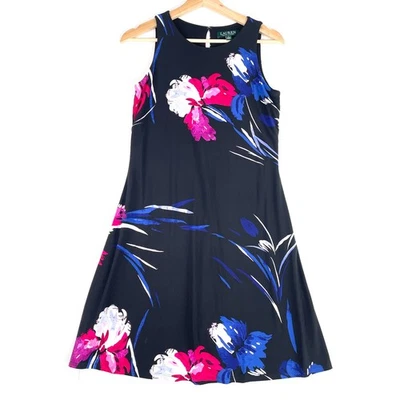 Lauren Ralph Lauren Floral A-Line Dress Size 4 Black Sleeveless High Neck - image 1 of 4