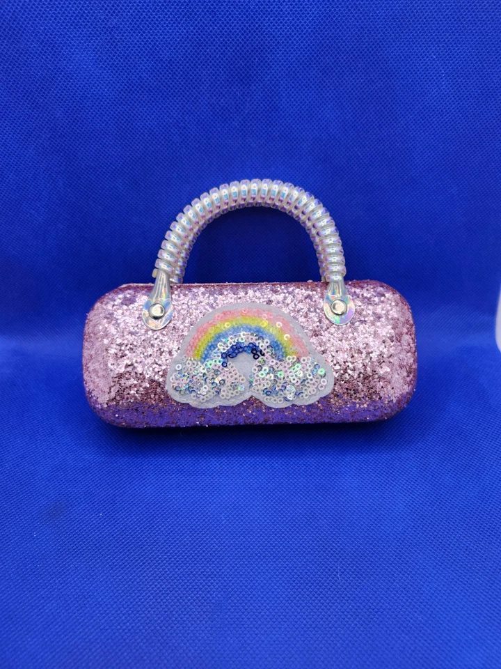Pink Glitter Hard Sunglasses Case with Handle, Rainbow pattern Kids/School - Image 1 of 4