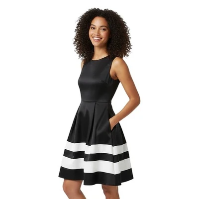 Apt 9 Dress XS Black White Stripe Fit And Flare Pleated Pockets Stretch Modern - Image 1 of 4