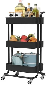 3 Tier Utility Cart,Rolling Cart with Handle and Lockable Wheels, Multi-Funct... - Picture 1 of 8
