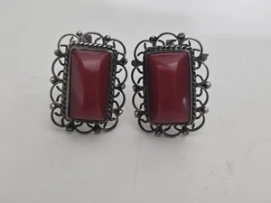 Antik Vintage Sterling Silber filigran roter Stein Schraubverschluss Ohrringe Mexiko - Bild 1 von 7