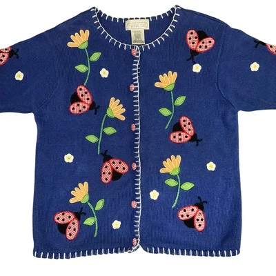 Cárdigan Suéter Vintage Mandal Bay Azul Floral Ladybug Flor Sol Cosido Lg Foto 1 de 4