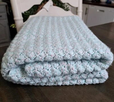 Handmade Baby Blanket Crib Blanket Afghan Blue Green Soft 36"x37.5" - Image 1 of 4