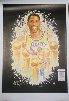 MAGIC JOHNSON Autographed Los Angeles Lakers Camvas Transfer Size 36x23. JSA - Image 1 of 4
