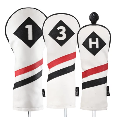 Majek Golf 1 3 H Driver Wood & Hybrid Headcover White Red Black Leather Style - Image 1 of 4