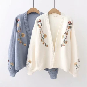 Mujeres Suéter Tejido Abrigo Chaqueta Cárdigan Jersey Bordado Floral Manga Abullonada - Imagen 1 de 14