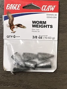 Eagle Claw 02040-004 3/8Oz Worm Weight 6CT - Picture 1 of 4