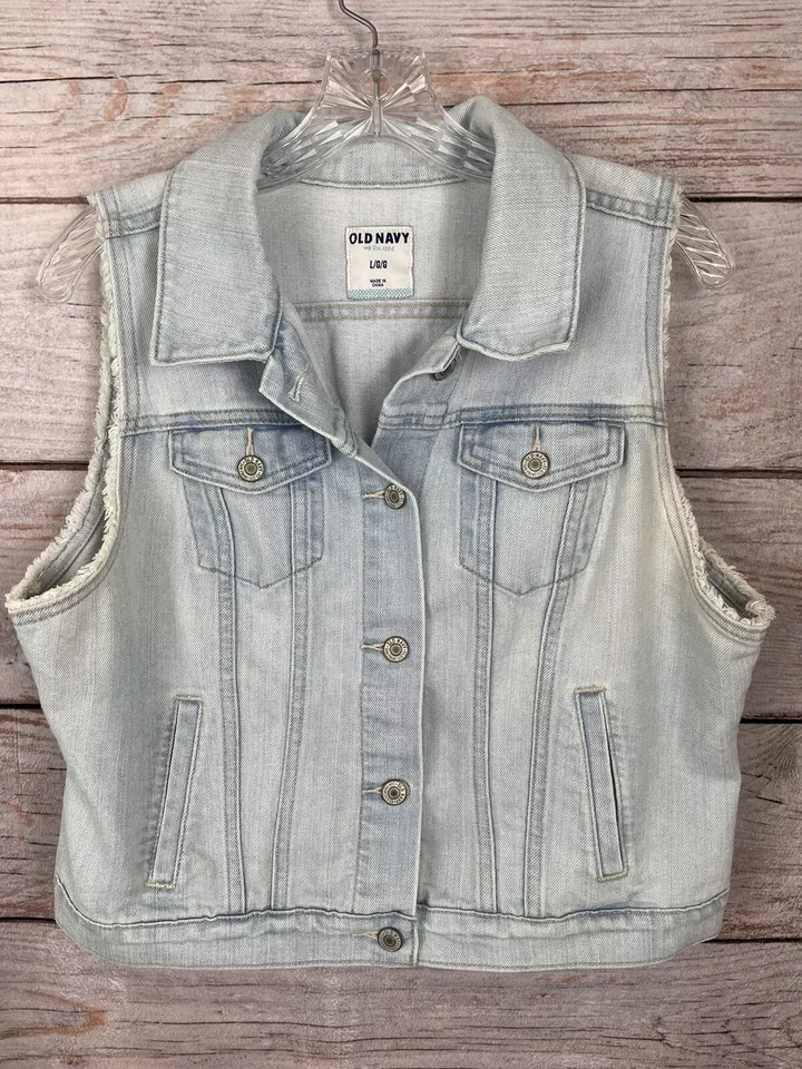 Chaleco Antiguo Azul Marino Claro Denim Botón Frontal ELASTIZADO USADO EN EXCELENTE ESTADO Niña Talla Grande Foto 1 de 4