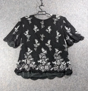Vtg Laurence Kazar Top Women 2X Black White Allover Beaded Silk Formal Cruise - Picture 1 of 12