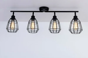 Luz de techo barra enjaulada, 4 luces, acabado negro vintage, compatible con LED, tapa E27 - Imagen 1 de 6