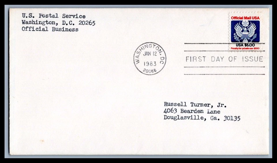 US FDC # O133 $5 Official Eagle & Shield USPS  sealed 1983, 0a261 - Image 1 of 1