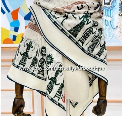 2025 Sallys 70% Cashmere 30% Silk Stole Aztec Print Double Face Scarf Shawl 53" - Image 1 of 4