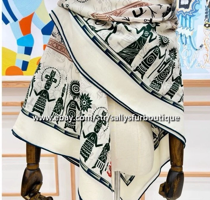 2025 Sallys 70% Cashmere 30% Silk Stole Aztec Print Double Face Scarf Shawl 53" - Image 1 of 4