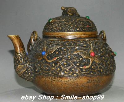 6.6" Qianlong Marcado China Bronce Gema Animal Tortuga Grúa Vino Tetera Bandera  Foto 1 de 4