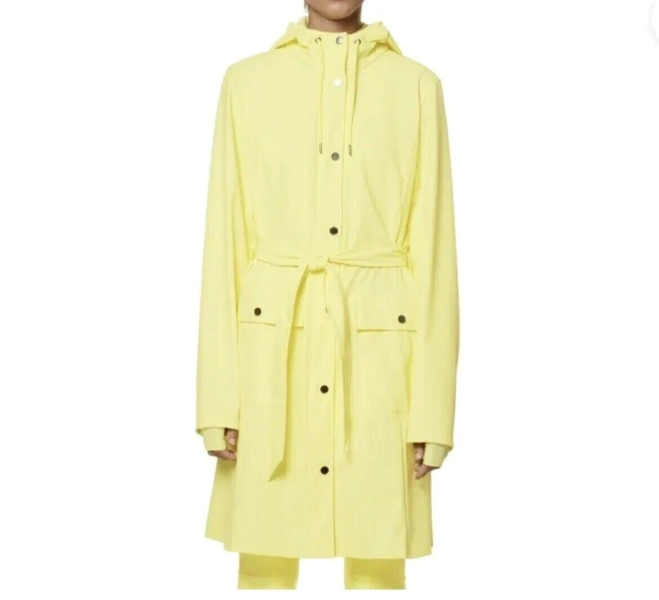 RAINS Curve Womens Large Yellow Hooded Belted Waterproof Raincoat Jacket 18130