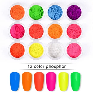 NEW 12 COLOURS NEON PIGMENT NAILS POWDER DUST OMBRE PHOSPHOR FLUORESCENT GLOWING - Picture 1 of 12