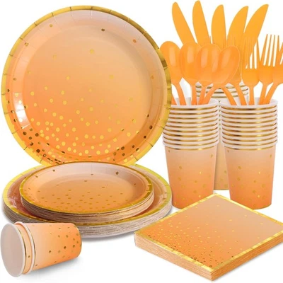 175 PIEZAS Suministros de Fiesta Naranja, Platos y Servilletas de Papel Otoño, Platos de Papel Naranja Foto 1 de 4