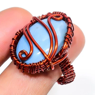 Anillo de joyería de cobre con envoltura de alambre antiguo hecho a mano de piedras preciosas de ópalo azul 6,5" PG 782 Foto 1 de 4