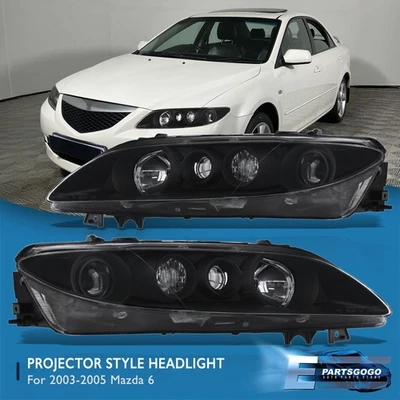 For 03-05 Mazda 6 Replacement Black Clear Projector Headlights Lamps Pair LH+RH - Изображение 1 из 4