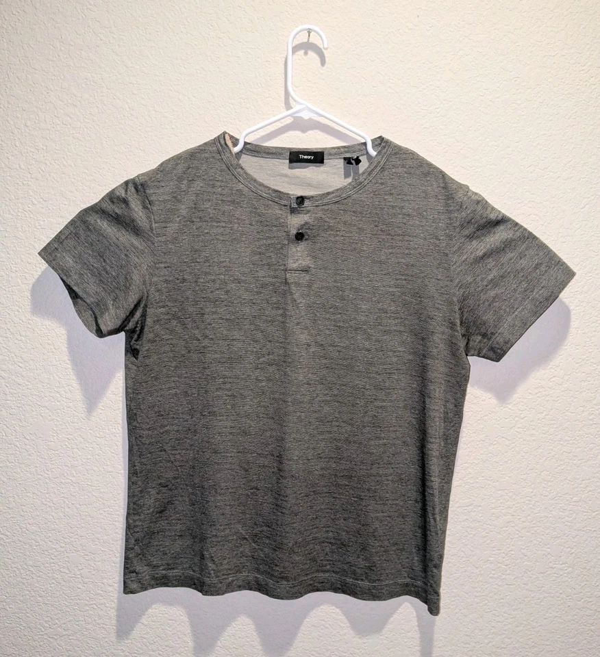 Theory Gaskell H Kornati Henley Mens Pima Cotton SS Gray Microstripe Button Up L - Image 1 of 4