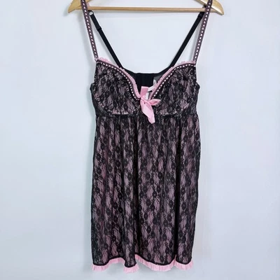 Lencería Cacique Babydoll Chemise Talla 14/16 Rosa Negro Encaje Cinta Camisón Foto 1 de 4