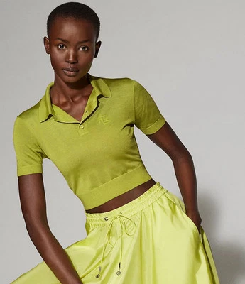 Ralph Lauren Colección Púrpura Etiqueta Recortada Seda Jersey Polo Suéter Cuello Top Foto 1 de 4