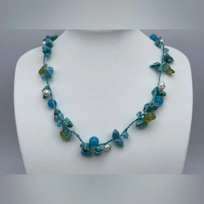 Howlite Pearl Peridot Quartz Beaded Necklace Artisan Made sterling silver blue - Image 1 of 4