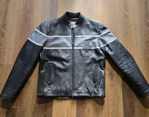 Harley Davidson Men’s Sz L Victory Lane Blk Leather Jacket Gray Stripe #1 Racing - Picture 1 of 18