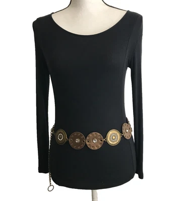 Vestido vaquero de metal con diamantes de imitación disco dorado pequeño-medio cinturón concho para mujer Foto 1 de 4