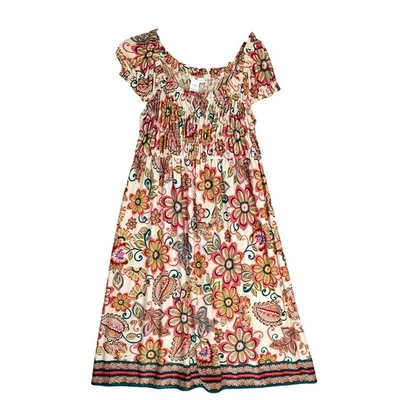 London Times Floral Smocked Midi Dress Sz 12 Ruffled Trim Stretch Boho Mod Retro - Image 1 of 4