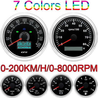 6 Gauge Set 85mm GPS Speedometer 200km/h Tacho 8000RPM&52mm Fuel Oil Temp Volt - Image 1 of 4
